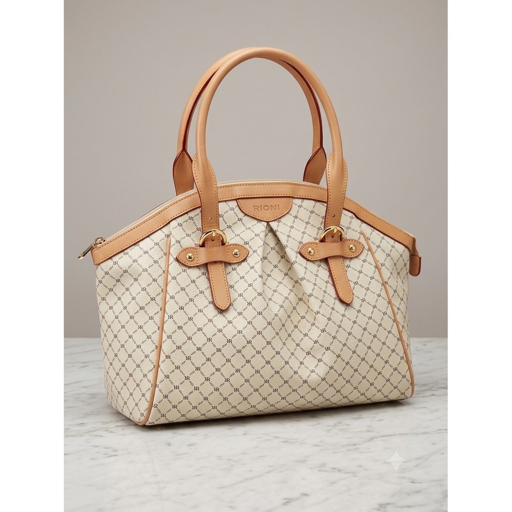 Rioni Signature Monogram Dome Satchel Handbag Cream Tan Leather Trim